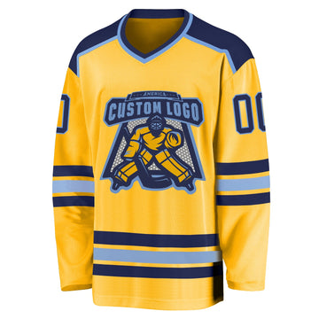 Custom Gold Navy-Light Blue Hockey Jersey