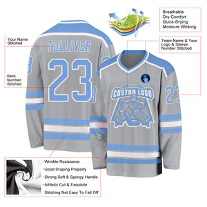 Custom Gray Light Blue-White Hockey Jersey