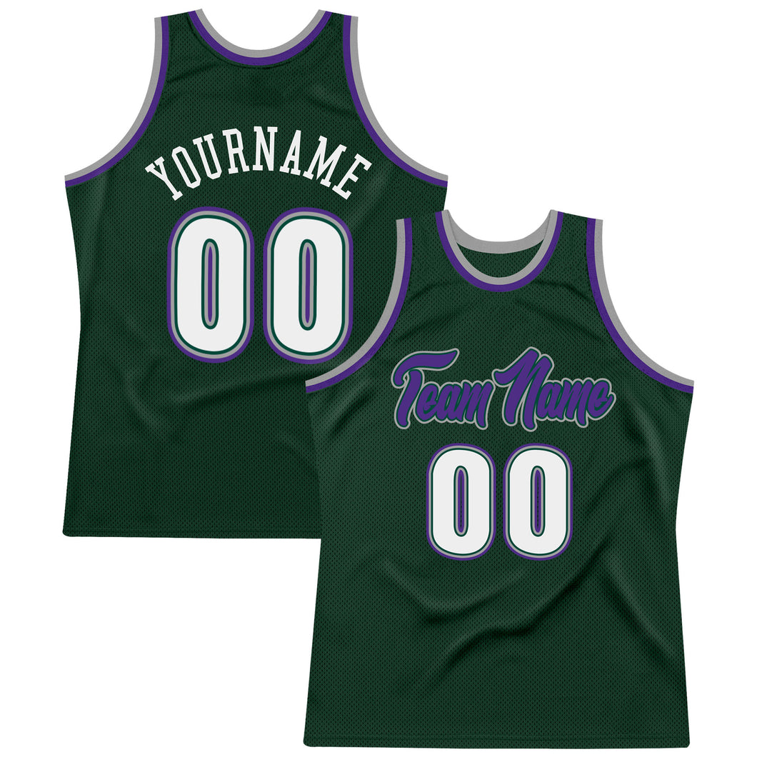 Custom Hunter Green White-Purple Authentic Throwback Basketball Jersey