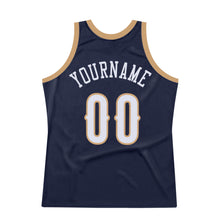 Load image into Gallery viewer, Custom Navy White-Old Gold Authentic Throwback Basketball Jersey
