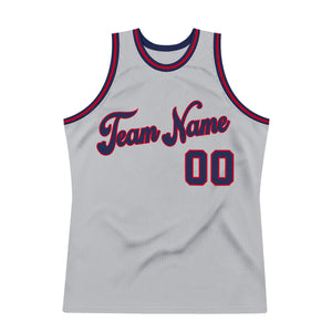 Custom Silver Gray Navy-Red Authentic Throwback Basketball Jersey