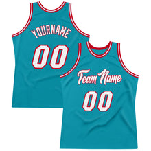 Load image into Gallery viewer, Custom Teal White-Red Authentic Throwback Basketball Jersey
