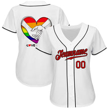 Load image into Gallery viewer, Custom White Red-Black Rainbow Colored Heart For Pride Month Love Is Love LGBT Authentic Baseball Jersey
