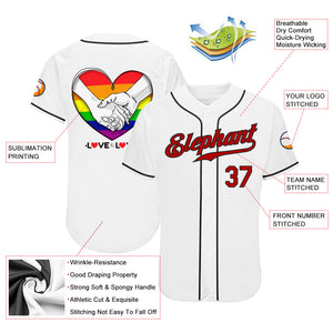 Custom White Red-Black Rainbow Colored Heart For Pride Month Love Is Love LGBT Authentic Baseball Jersey