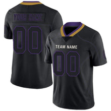 Load image into Gallery viewer, Custom Lights Out Black Purple-Old Gold Football Jersey

