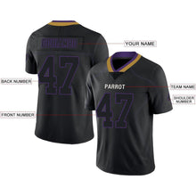 Load image into Gallery viewer, Custom Lights Out Black Purple-Old Gold Football Jersey
