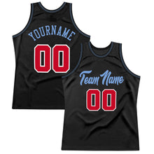 Load image into Gallery viewer, Custom Black Red-Light Blue Authentic Throwback Basketball Jersey
