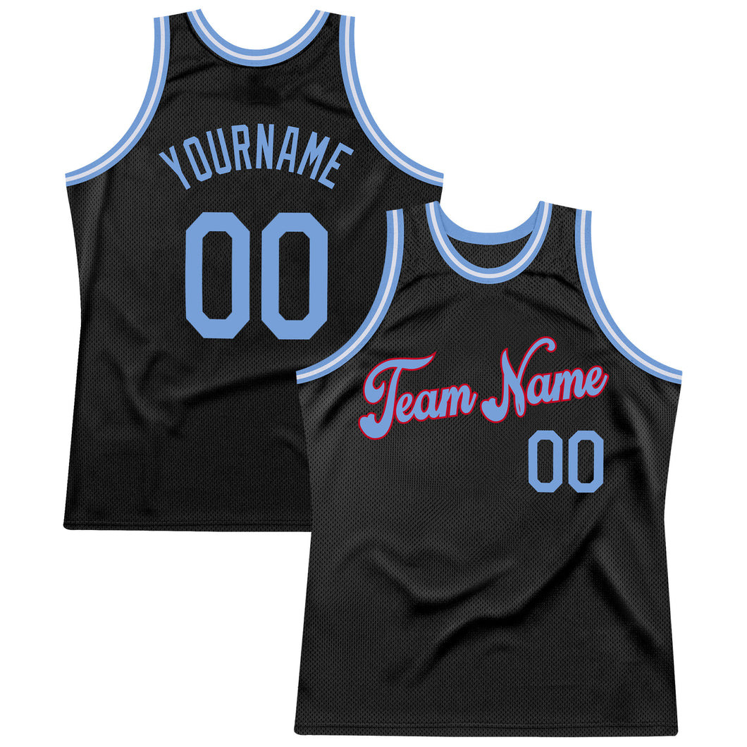 Custom Black Light Blue-Red Authentic Throwback Basketball Jersey