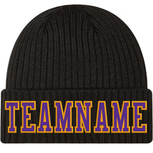 Load image into Gallery viewer, Custom Black Purple-Gold Stitched Cuffed Knit Hat
