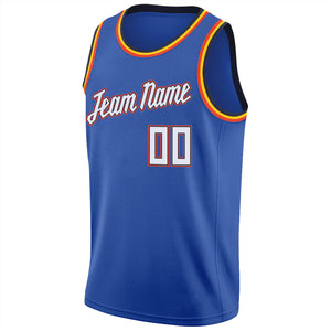 Custom Blue White-Orange Round Neck Rib-Knit Basketball Jersey