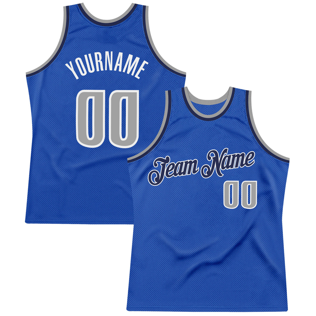Custom Blue Silver Gray-Navy Authentic Throwback Basketball Jersey