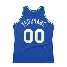 Load image into Gallery viewer, Custom Blue White-Kelly Green Authentic Throwback Basketball Jersey
