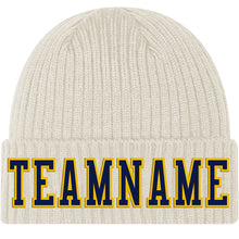 Load image into Gallery viewer, Custom Cream Navy-Gold Stitched Cuffed Knit Hat
