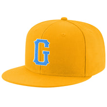 Load image into Gallery viewer, Custom Gold Powder Blue-White Stitched Adjustable Snapback Hat

