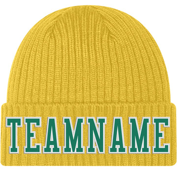 Custom Gold Kelly Green-White Stitched Cuffed Knit Hat