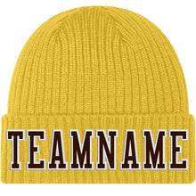 Load image into Gallery viewer, Custom Gold Brown-White Stitched Cuffed Knit Hat
