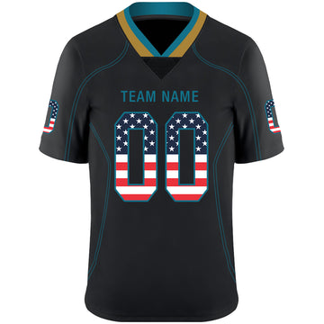 Custom Lights Out Black Teal-Old Gold USA Flag Fashion Football Jersey