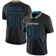 Load image into Gallery viewer, Custom Lights Out Black Teal-Old Gold Football Jersey
