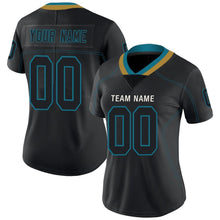 Load image into Gallery viewer, Custom Lights Out Black Teal-Old Gold Football Jersey
