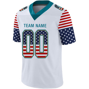 Custom White Teal-Old Gold USA Flag Fashion Football Jersey