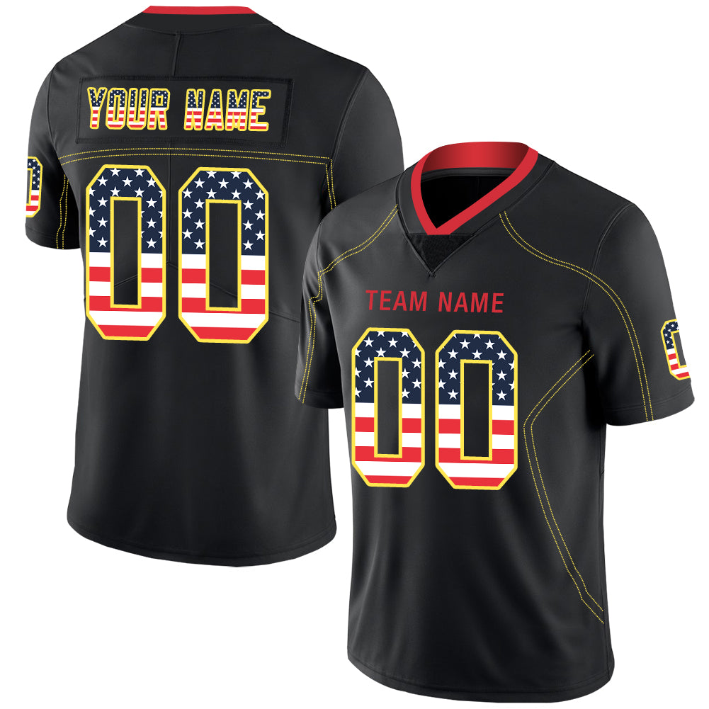 Custom Lights Out Black Gold-Scarlet USA Flag Fashion Football Jersey
