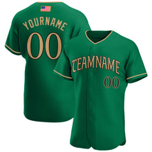 Load image into Gallery viewer, Custom Kelly Green Old Gold-Black Authentic American Flag Fashion Baseball Jersey
