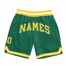 Load image into Gallery viewer, Custom Kelly Green Gold-White Authentic Throwback Basketball Shorts
