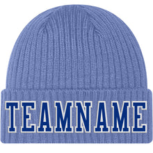 Load image into Gallery viewer, Custom Light Blue Royal-White Stitched Cuffed Knit Hat
