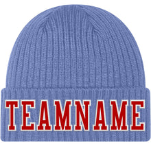 Load image into Gallery viewer, Custom Light Blue Red-White Stitched Cuffed Knit Hat
