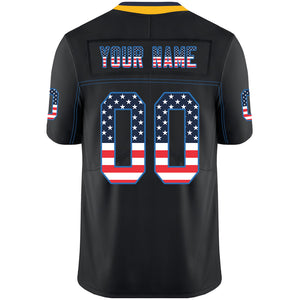 Custom Lights Out Black Powder Blue-Gold USA Flag Fashion Football Jersey