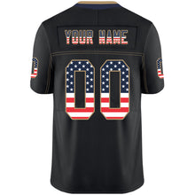 Load image into Gallery viewer, Custom Lights Out Black Old Gold-Navy USA Flag Fashion Football Jersey
