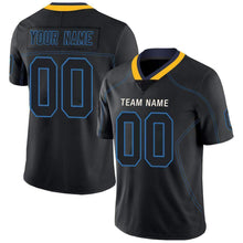 Load image into Gallery viewer, Custom Lights Out Black Powder Blue-Gold Football Jersey
