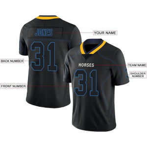 Custom Lights Out Black Powder Blue-Gold Football Jersey