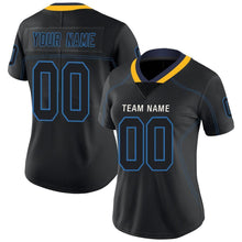 Load image into Gallery viewer, Custom Lights Out Black Powder Blue-Gold Football Jersey
