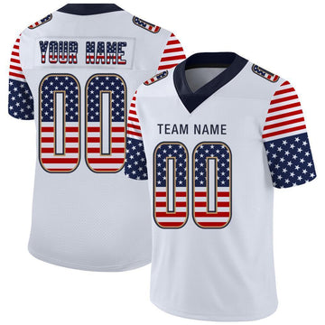 Custom White Navy-Old Gold USA Flag Fashion Football Jersey
