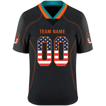 Custom Lights Out Black Orange-Aqua USA Flag Fashion Football Jersey