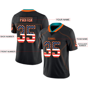 Custom Lights Out Black Orange-Aqua USA Flag Fashion Football Jersey
