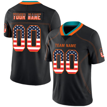 Custom Lights Out Black Orange-Aqua USA Flag Fashion Football Jersey