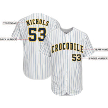 Load image into Gallery viewer, Custom White Royal Strip Navy-Gold Baseball Jersey
