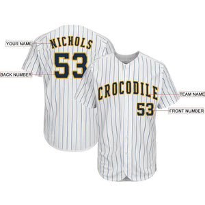 Custom White Royal Strip Navy-Gold Baseball Jersey
