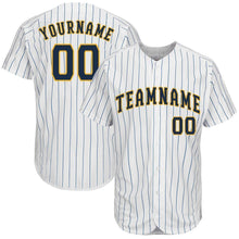 Load image into Gallery viewer, Custom White Royal Strip Navy-Gold Baseball Jersey

