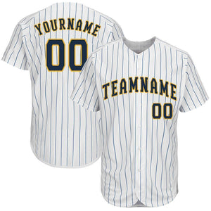 Custom White Royal Strip Navy-Gold Baseball Jersey
