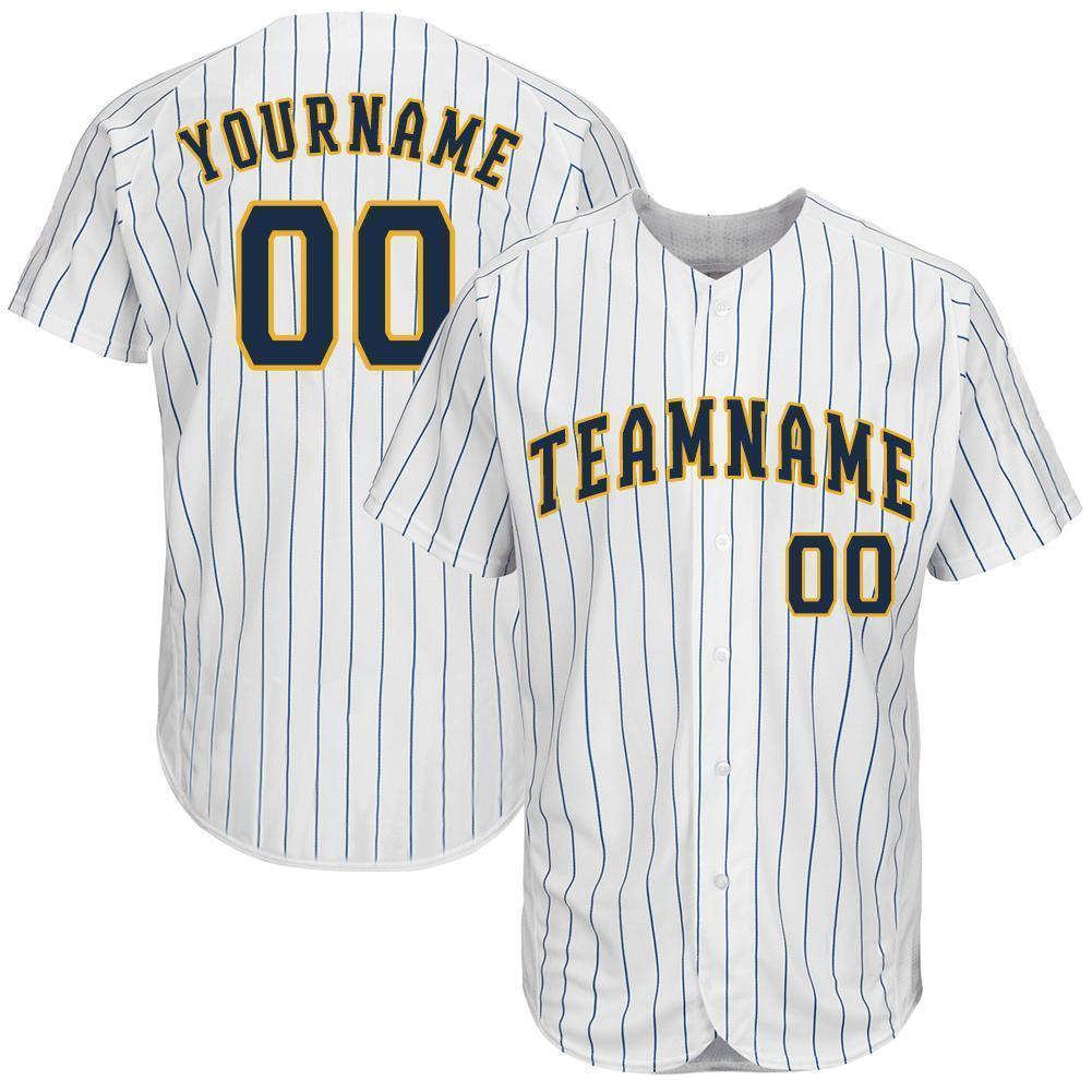 Custom White Royal Strip Navy-Gold Baseball Jersey