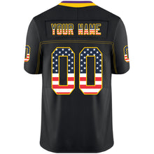 Load image into Gallery viewer, Custom Lights Out Black Gold-Purple USA Flag Fashion Football Jersey
