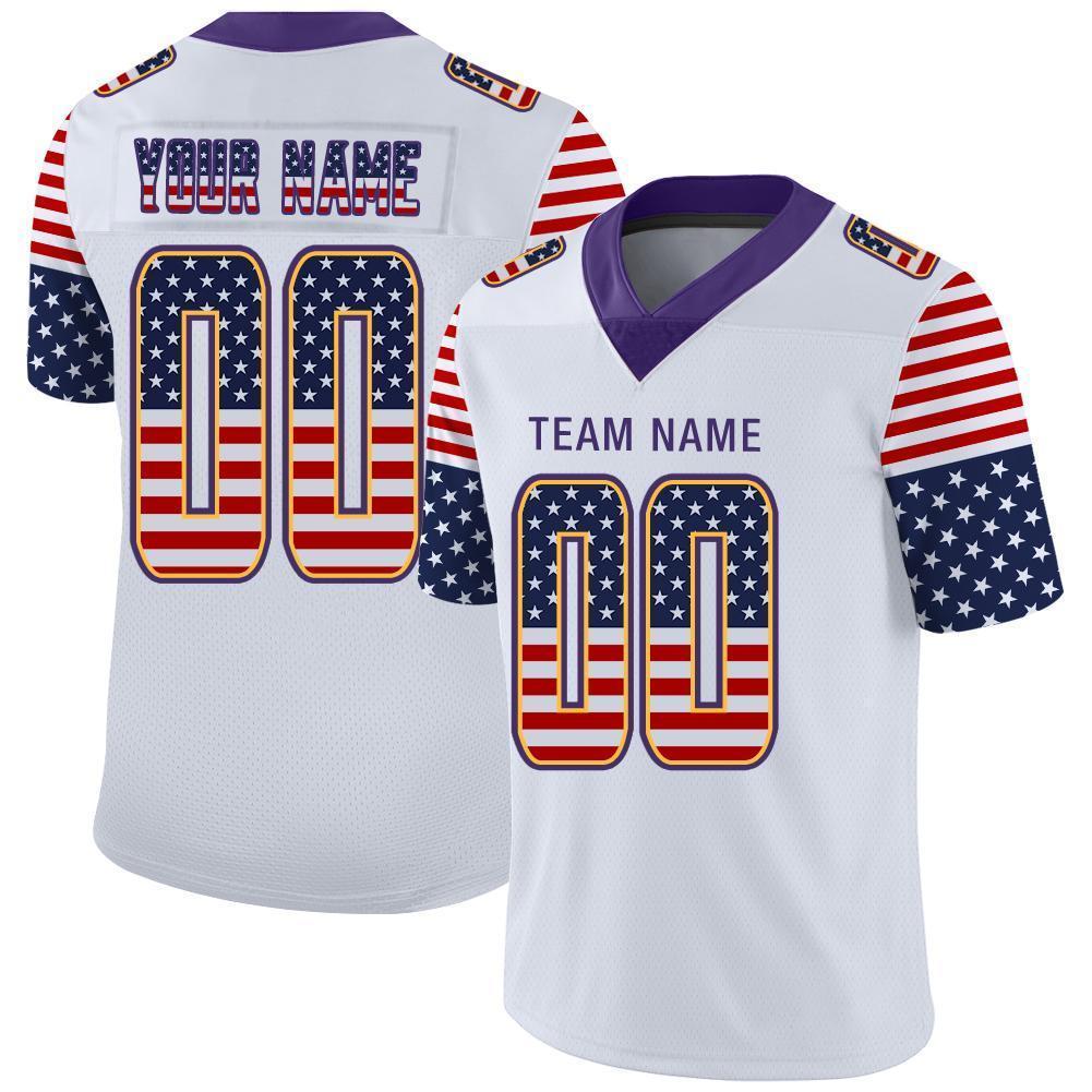 Custom White Purple-Gold USA Flag Fashion Football Jersey