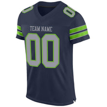 Load image into Gallery viewer, Custom Navy Light Gray-Neon Green Mesh Authentic Football Jersey
