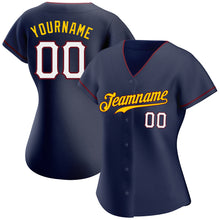 Load image into Gallery viewer, Custom Navy White-Gold Authentic Baseball Jersey
