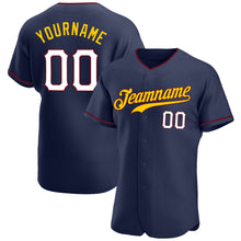 Load image into Gallery viewer, Custom Navy White-Gold Authentic Baseball Jersey
