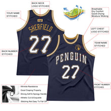 Load image into Gallery viewer, Custom Navy White-Old Gold Authentic Throwback Basketball Jersey
