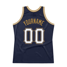 Load image into Gallery viewer, Custom Navy White-Old Gold Authentic Throwback Basketball Jersey
